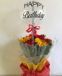 Happy birthday printed balloon 12 Gerberas in a bouquet